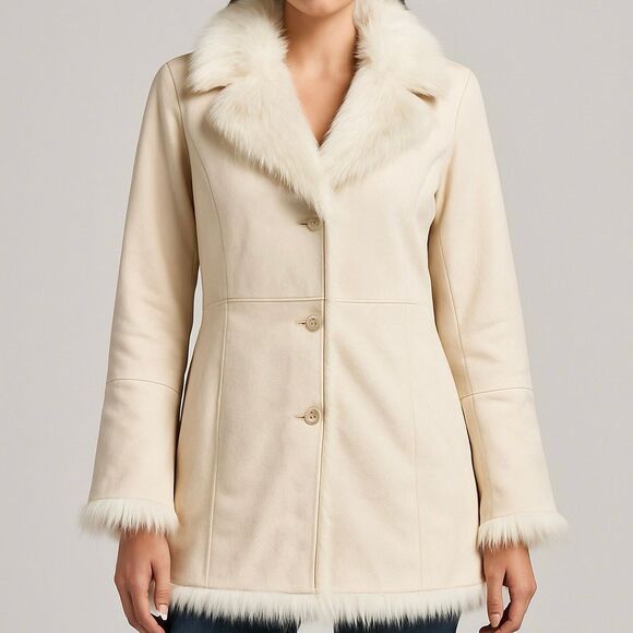 Women’s Winter White Faux Suede Coat Jacket Faux Fur Trim Boho Y2K 90s Style Med - Picture 1 of 11